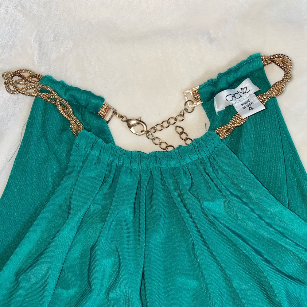 Cache Green Halter Midi Dress/ Gold Chain Straps Gem